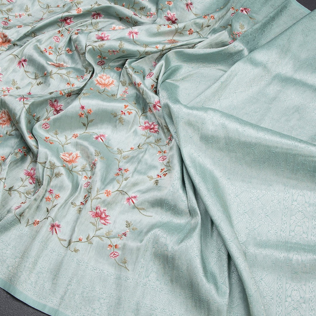 Banaras Sea Green Zari With Floral Thread Work Saree