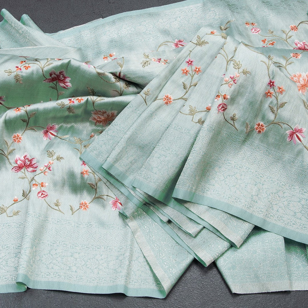 Banaras Sea Green Zari With Floral Thread Work Saree