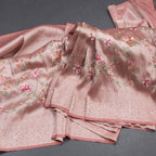 Banaras Peach Zari With Floral Thread Work Saree