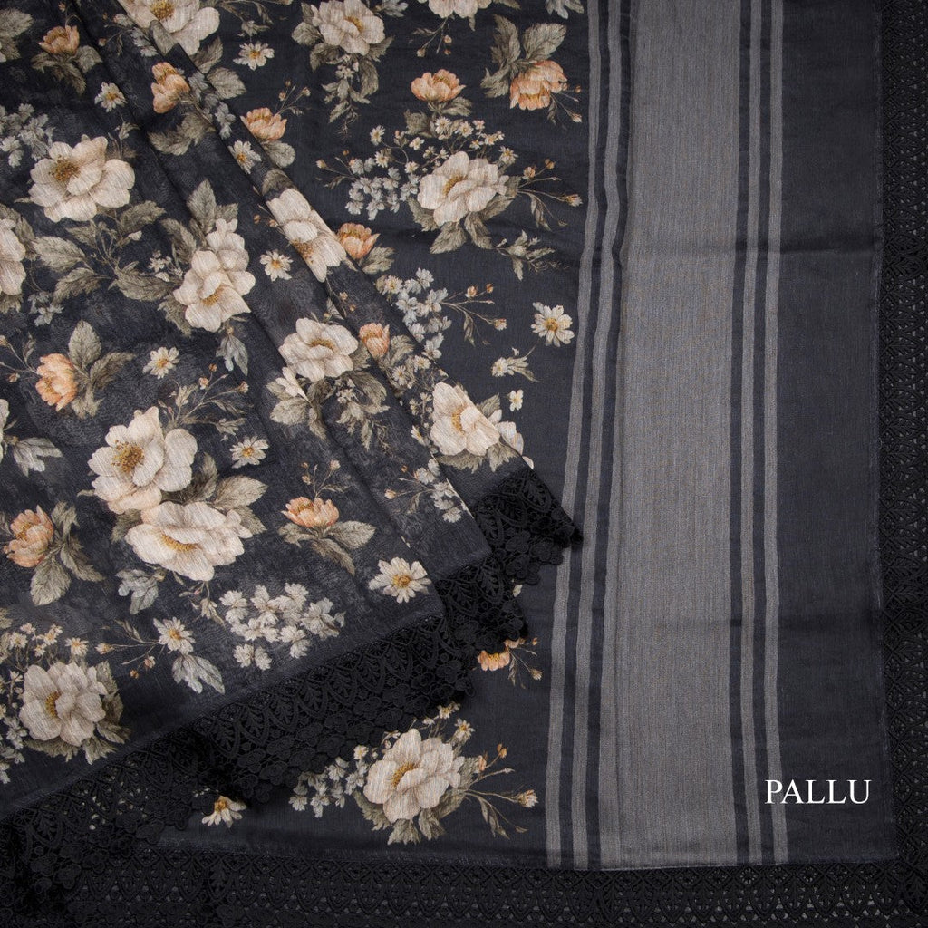 Linen Black Floral Printed Saree With Cut Work Border