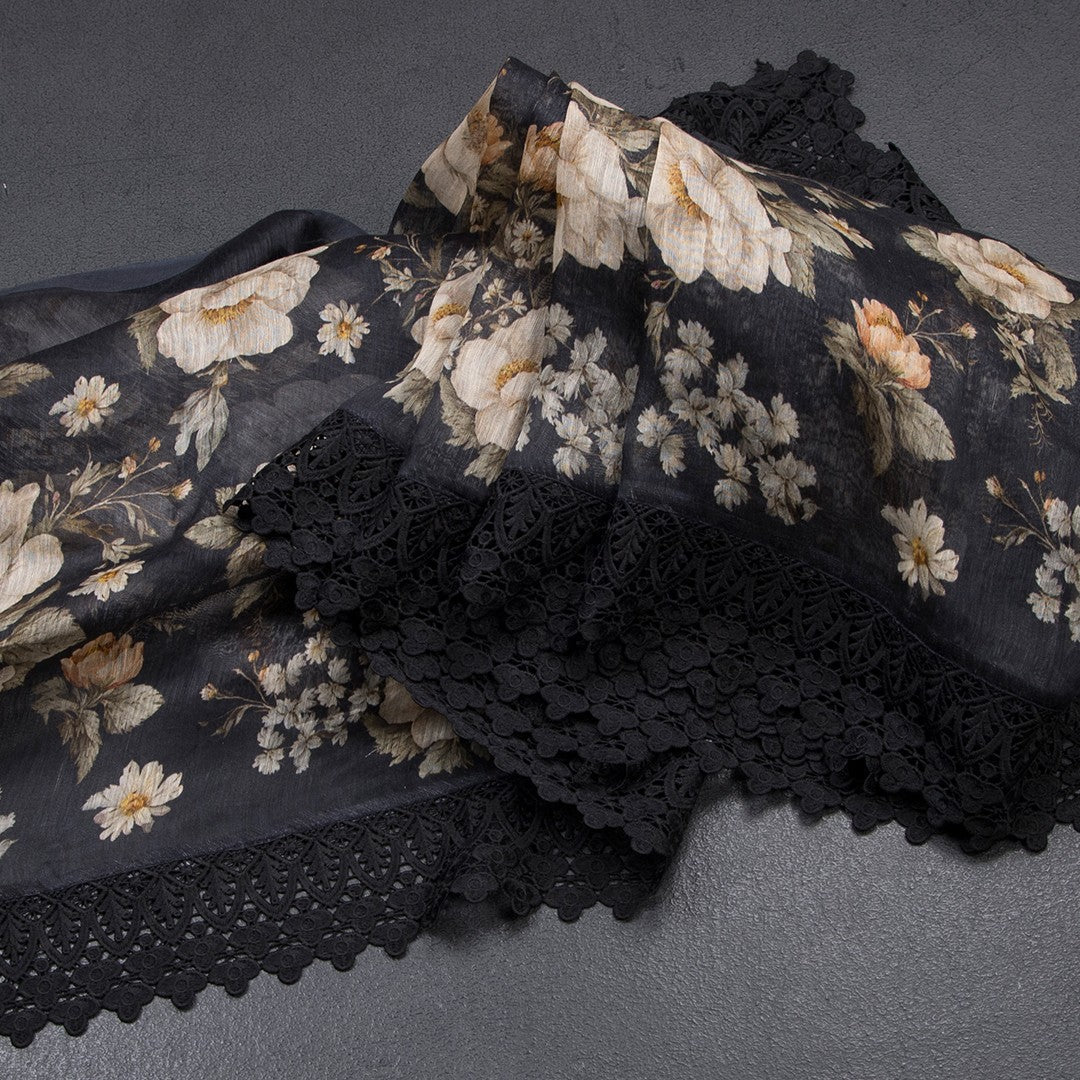 Linen Black Floral Printed Saree With Cut Work Border