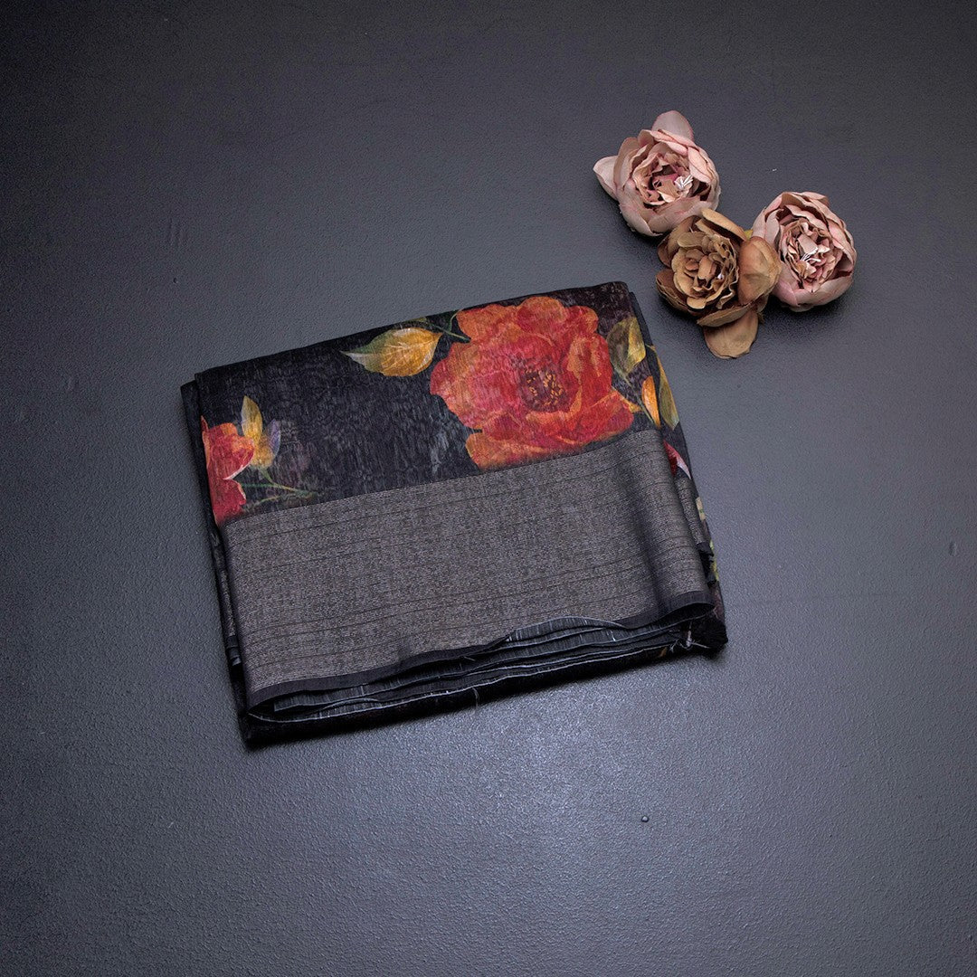 Linen Black Floral Printed Saree With Zari Border 02
