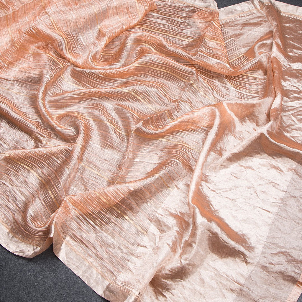 Tissue Banarasi Peach Zari Stripes Saree With Floral Thread Work Blouse