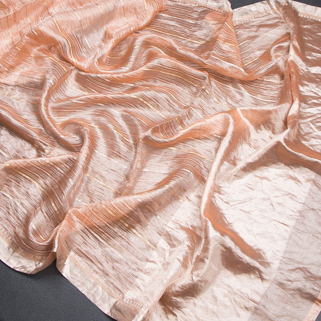 Tissue Banarasi Peach Zari Stripes Saree With Floral Thread Work Blouse