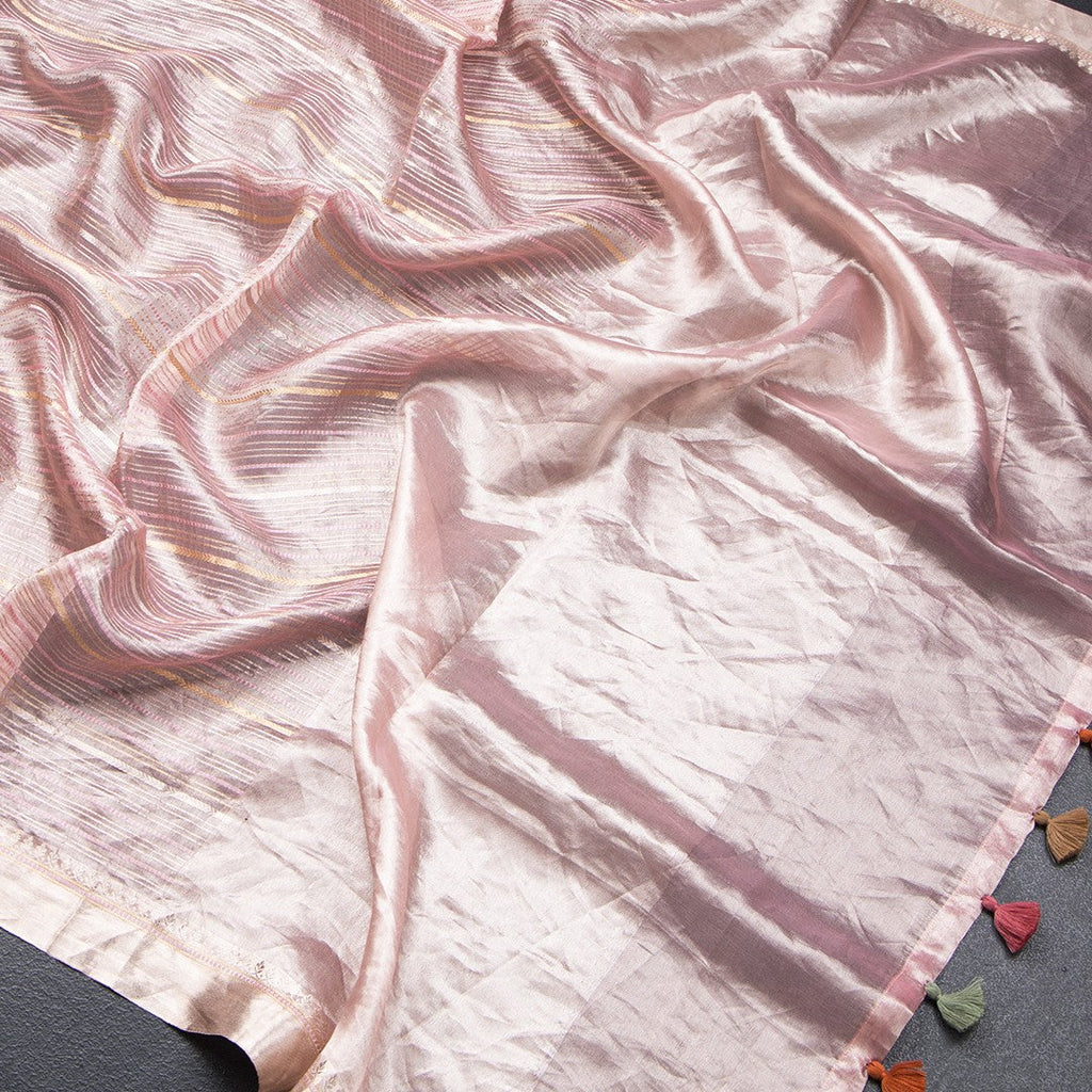 Tissue Banarasi Onion Pink Zari Stripes Saree With Floral Thread Work Blouse