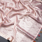 Tissue Banarasi Onion Pink Zari Stripes Saree With Floral Thread Work Blouse