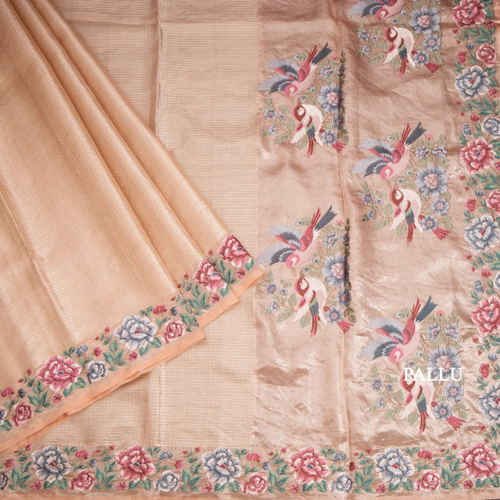 Banarasi Peach Zari Worked Saree With Floral Thread Work Border