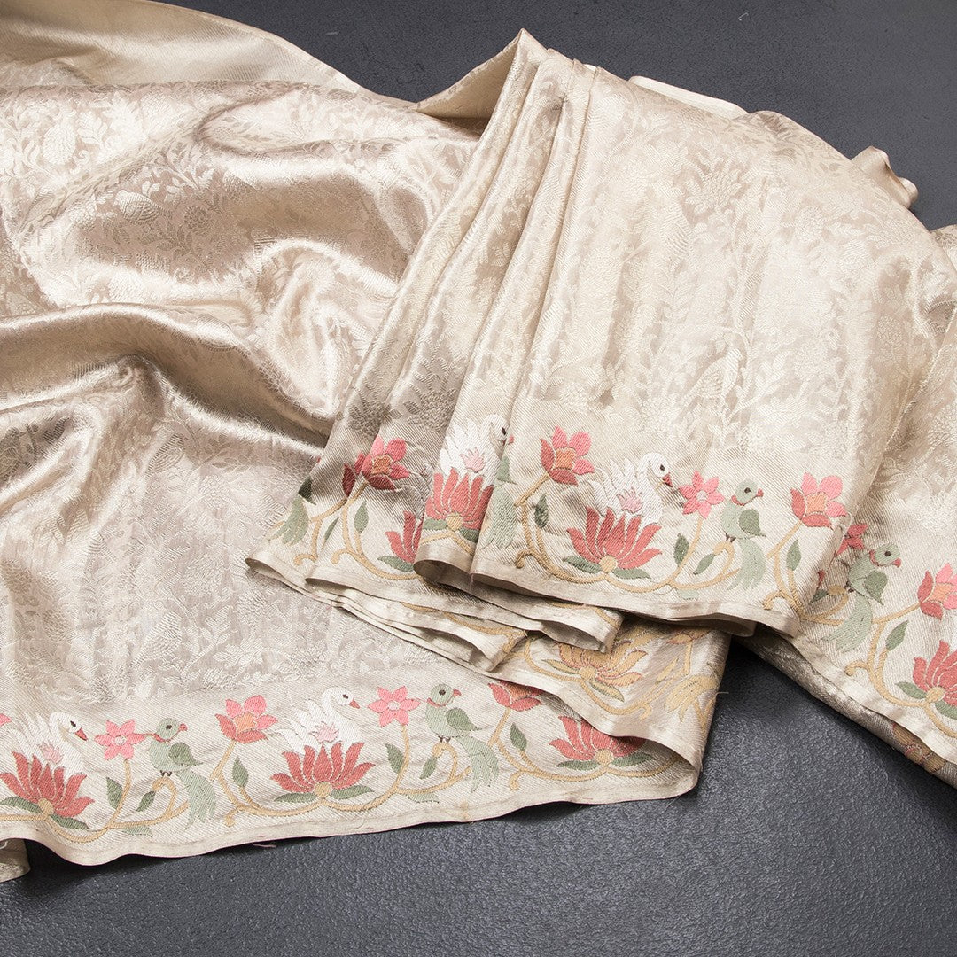 Banarasi Cream Zari Worked Saree With Thread Embroidered Border