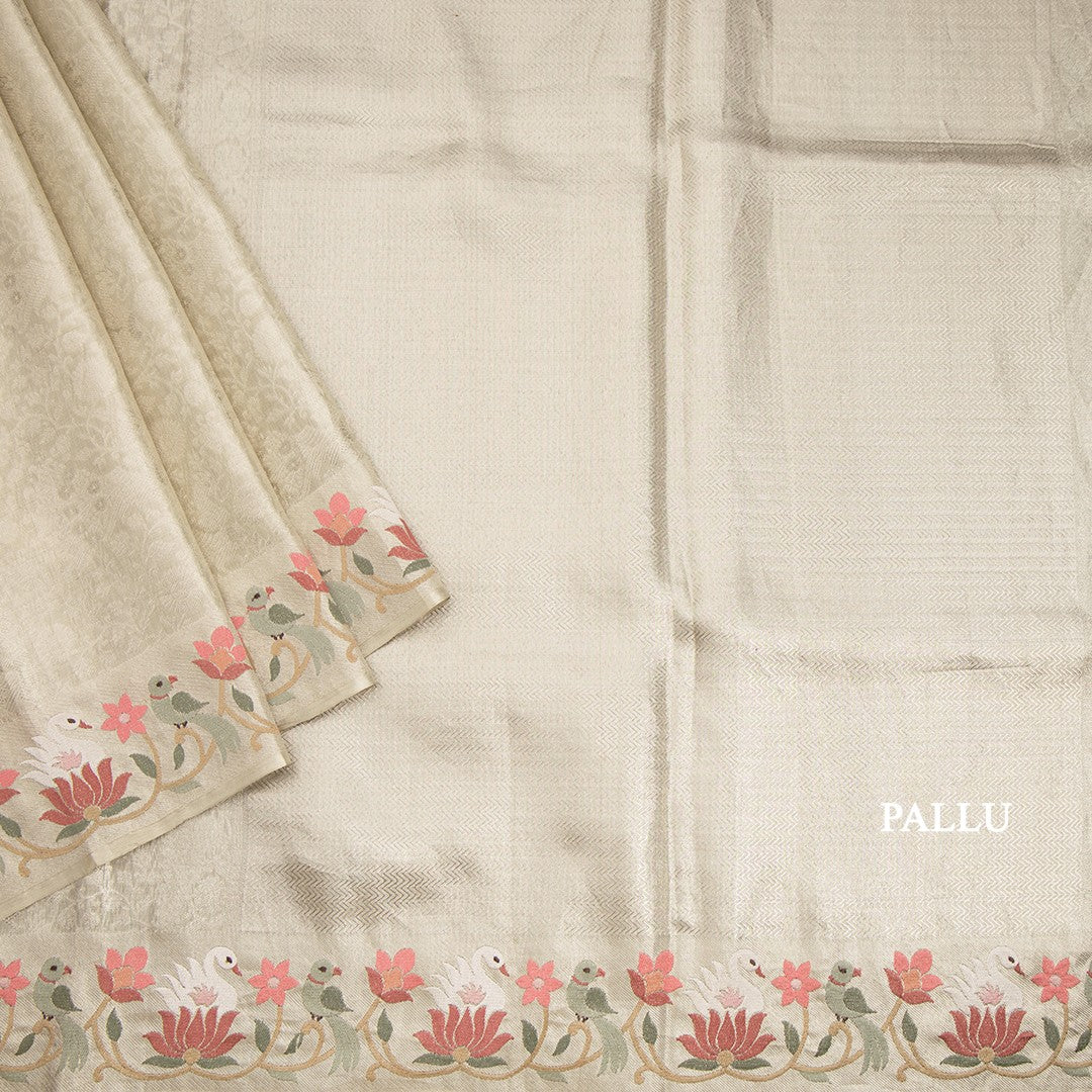 Banarasi Light Pista Green Zari Worked Saree With Thread Embroidered Border