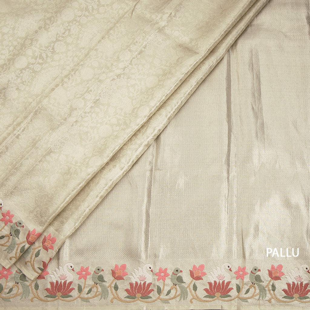 Banarasi Light Pista Green Zari Worked Saree With Thread Embroidered Border