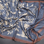 Pure Tussar Greyish Blue Printed Saree With Ribbon Border