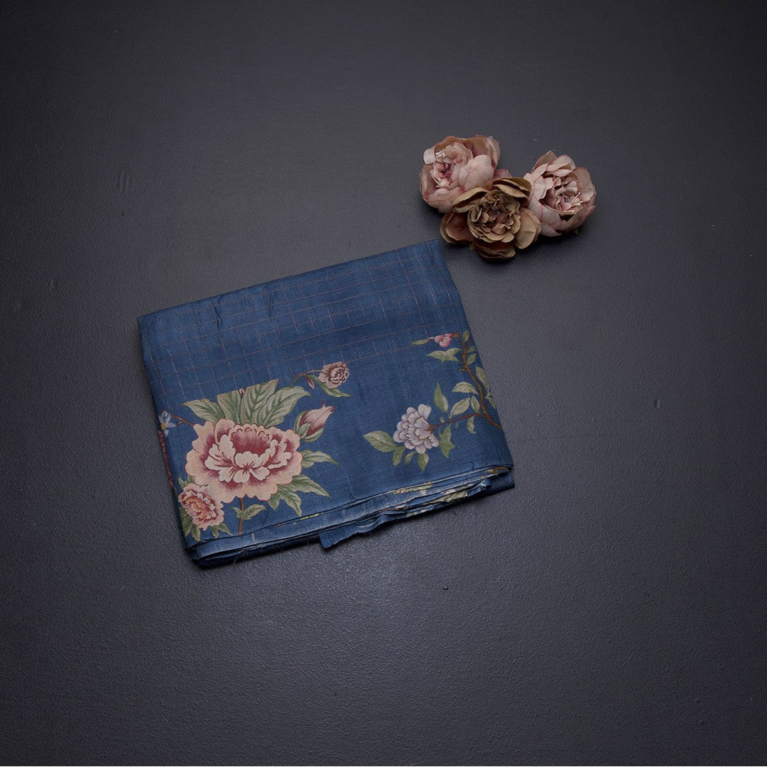 Pure Tussar Blue Checked Saree With Floral Printed Border