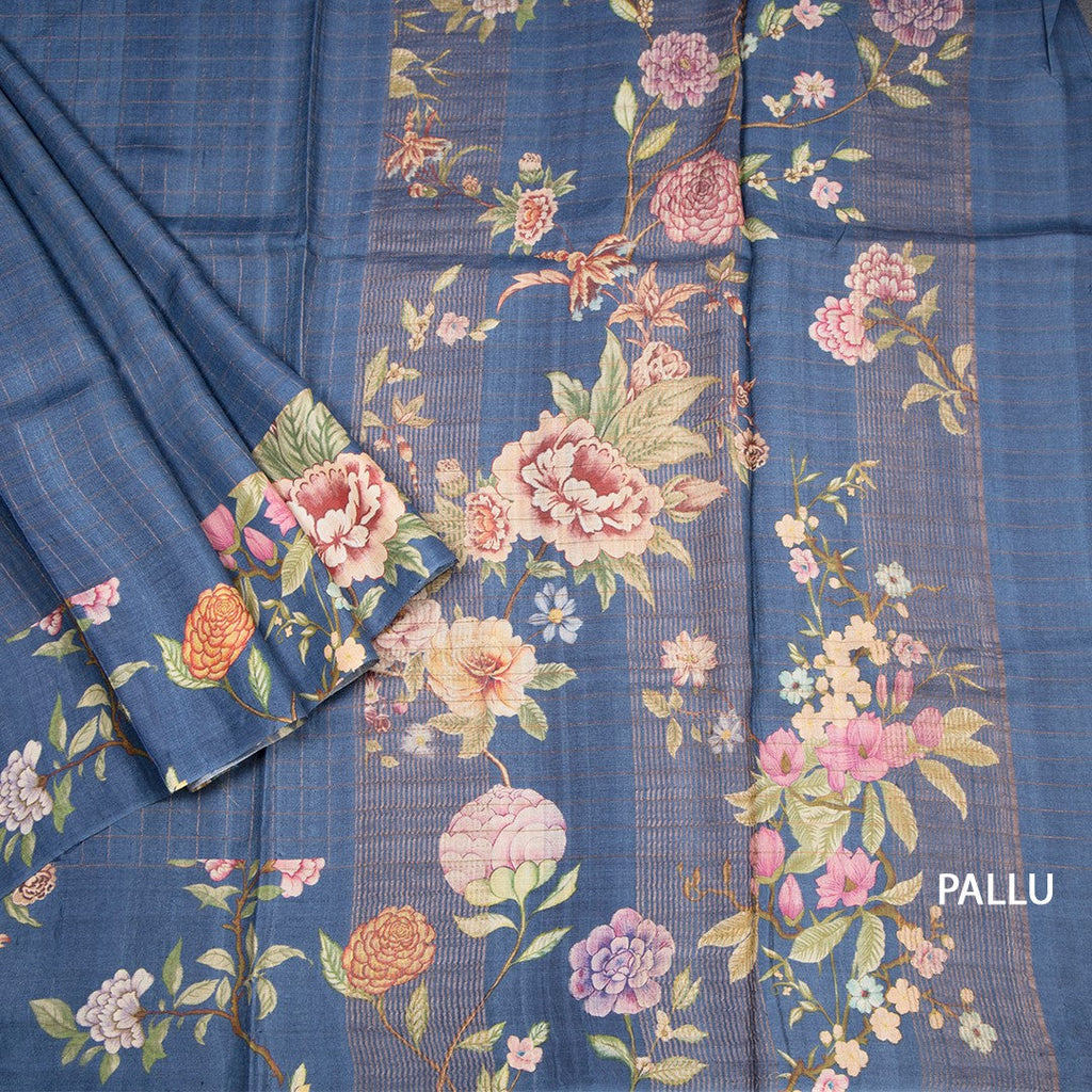 Pure Tussar Blue Checked Saree With Floral Printed Border