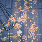 Pure Tussar Blue Checked Saree With Floral Printed Border