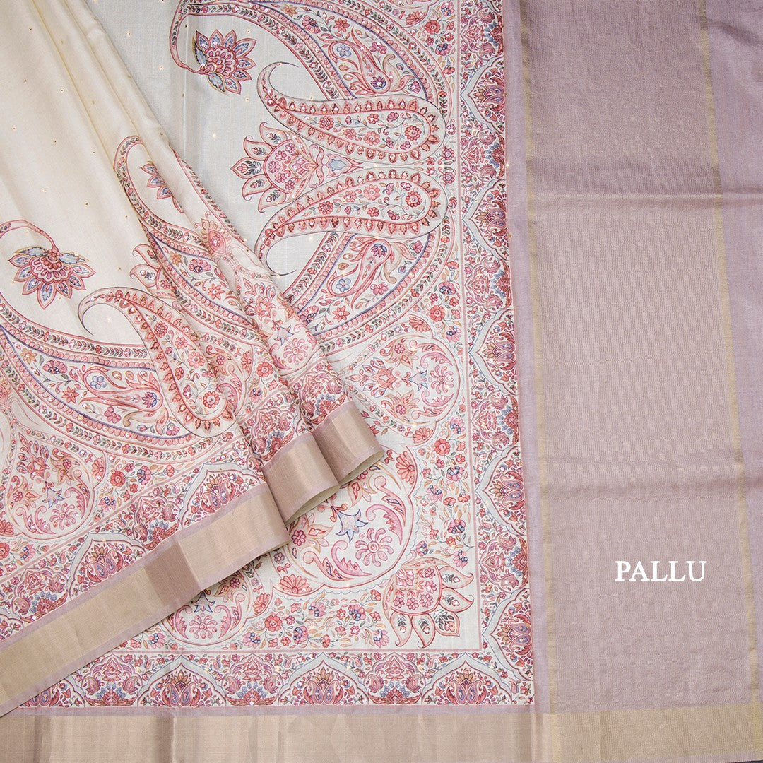 Katan Silk Cream Printed With Sequence Work Saree 03