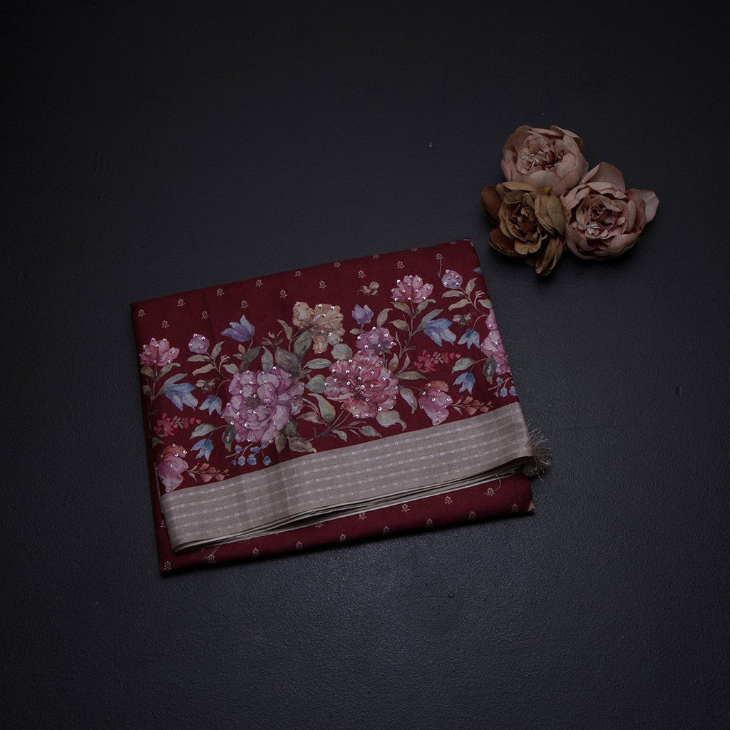 Katan Silk Maroon Floral Printed With Sequence Work Saree And Thread Border
