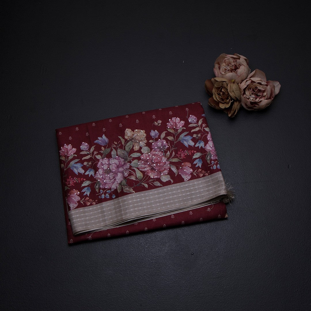 Katan Silk Maroon Floral Printed With Sequence Work Saree And Thread Border