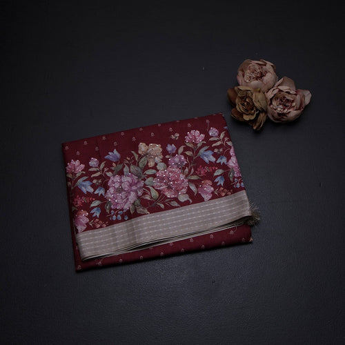 Katan Silk Maroon Floral Printed With Sequence Work Saree And Thread Border