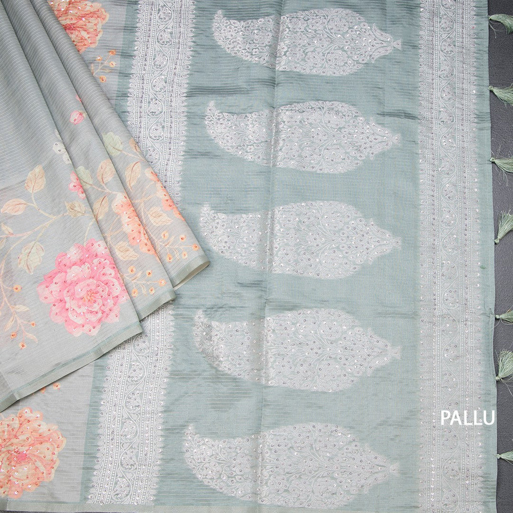 Raw Silk Pista Green Zari stripes Saree And Printed Sequence Work
