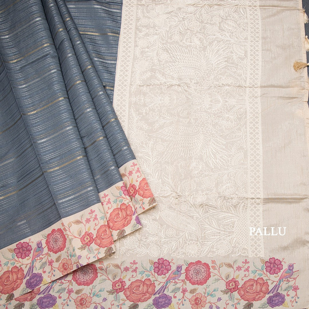 Raw Silk Dark Grey Zari Stripes Saree With Printed Border