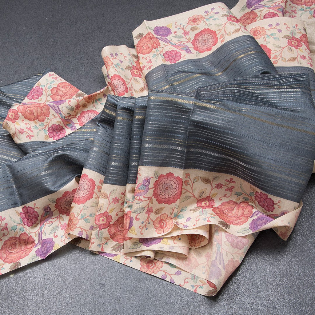 Raw Silk Dark Grey Zari Stripes Saree With Printed Border