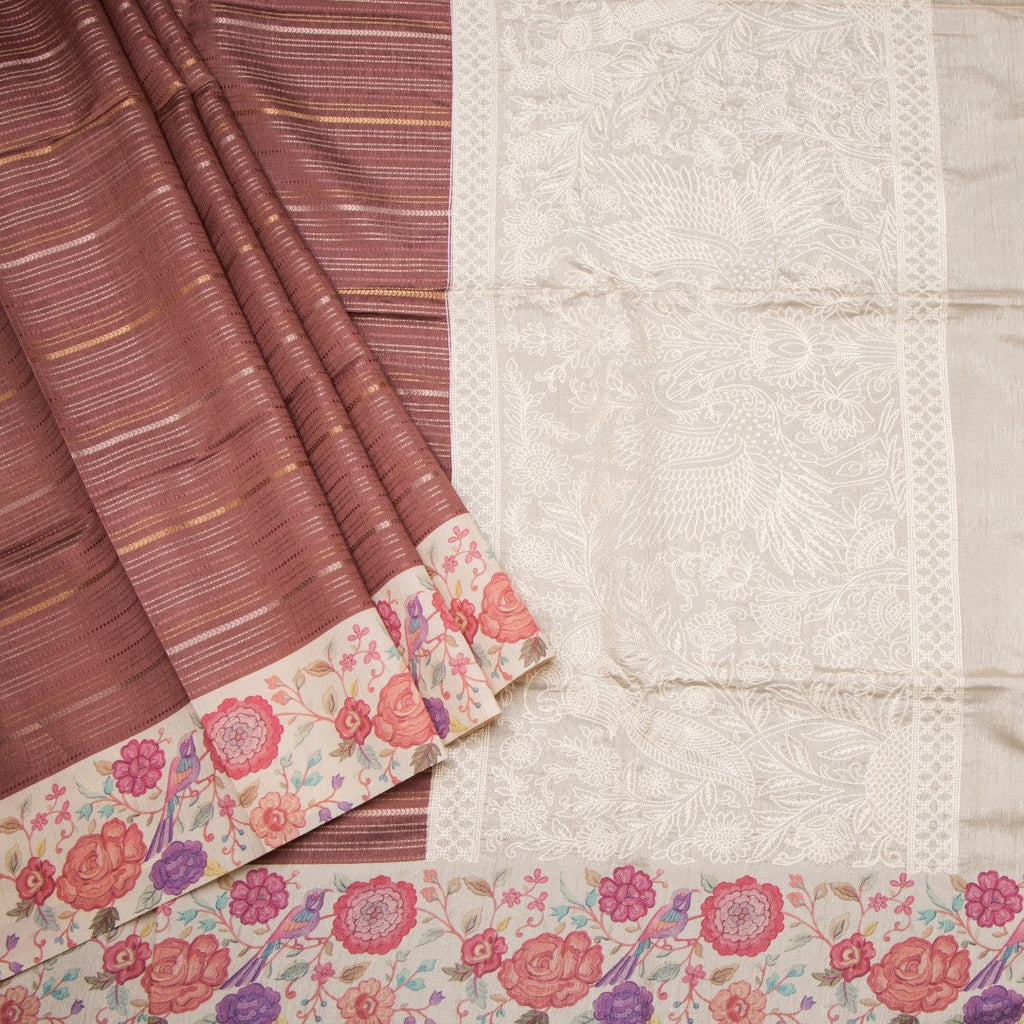 Raw Silk Cinnamon Brown Zari Stripes Saree With Printed Border