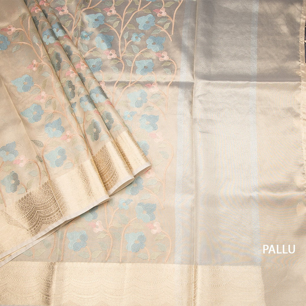 Tissue Gold Floral Thread Embroidered With Zari Border
