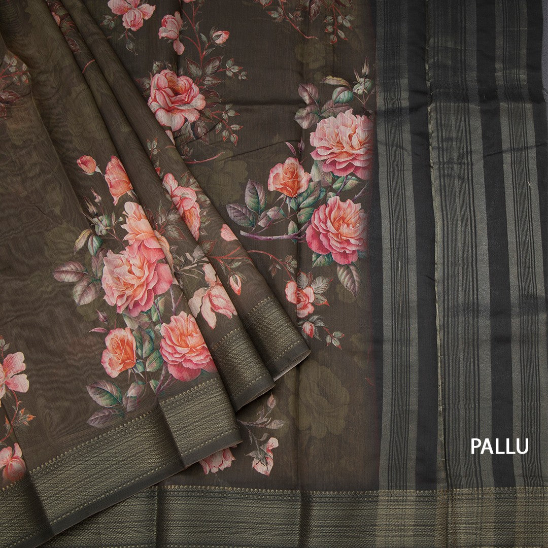 Semi Linen Olive Green Floral Printed Saree With Zari Border