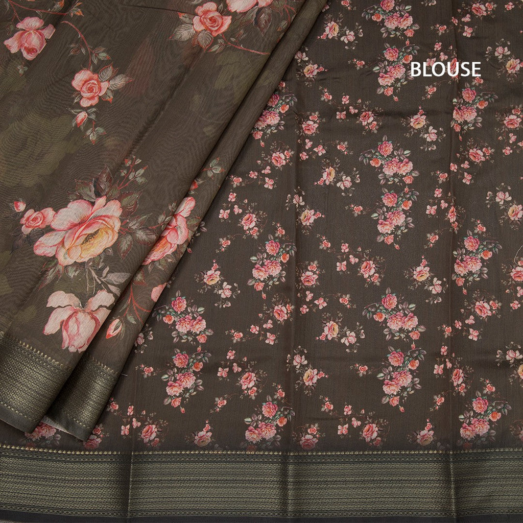Semi Linen Olive Green Floral Printed Saree With Zari Border
