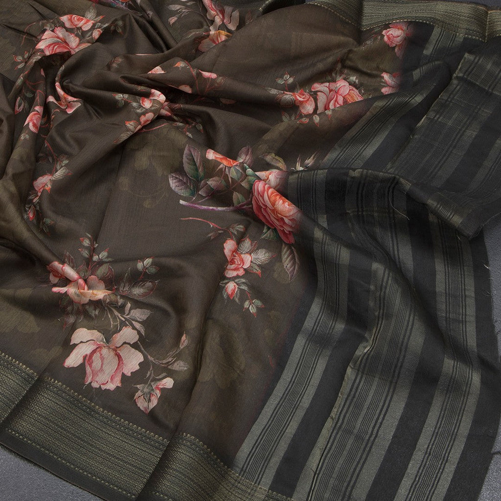 Semi Linen Olive Green Floral Printed Saree With Zari Border