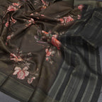 Semi Linen Olive Green Floral Printed Saree With Zari Border