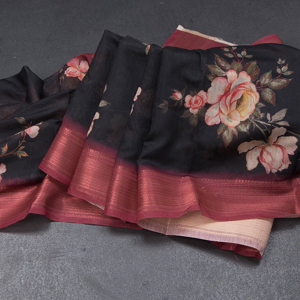 Semi Linen Black Floral Printed Saree With Zari Border