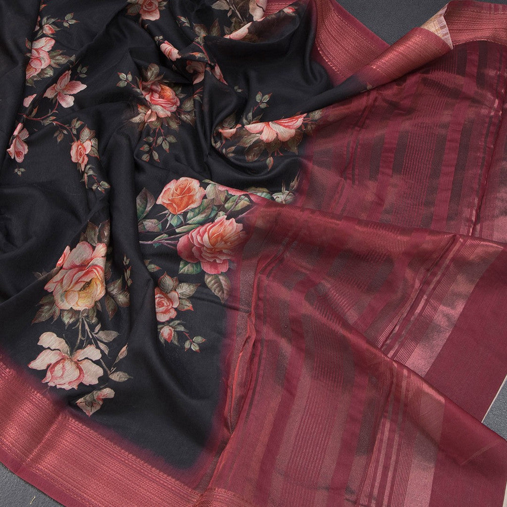 Semi Linen Black Floral Printed Saree With Zari Border