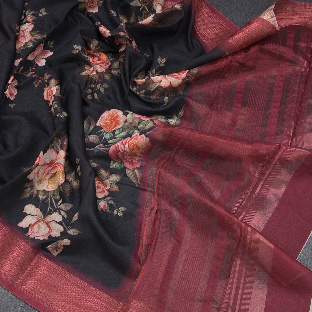 Semi Linen Black Floral Printed Saree With Zari Border