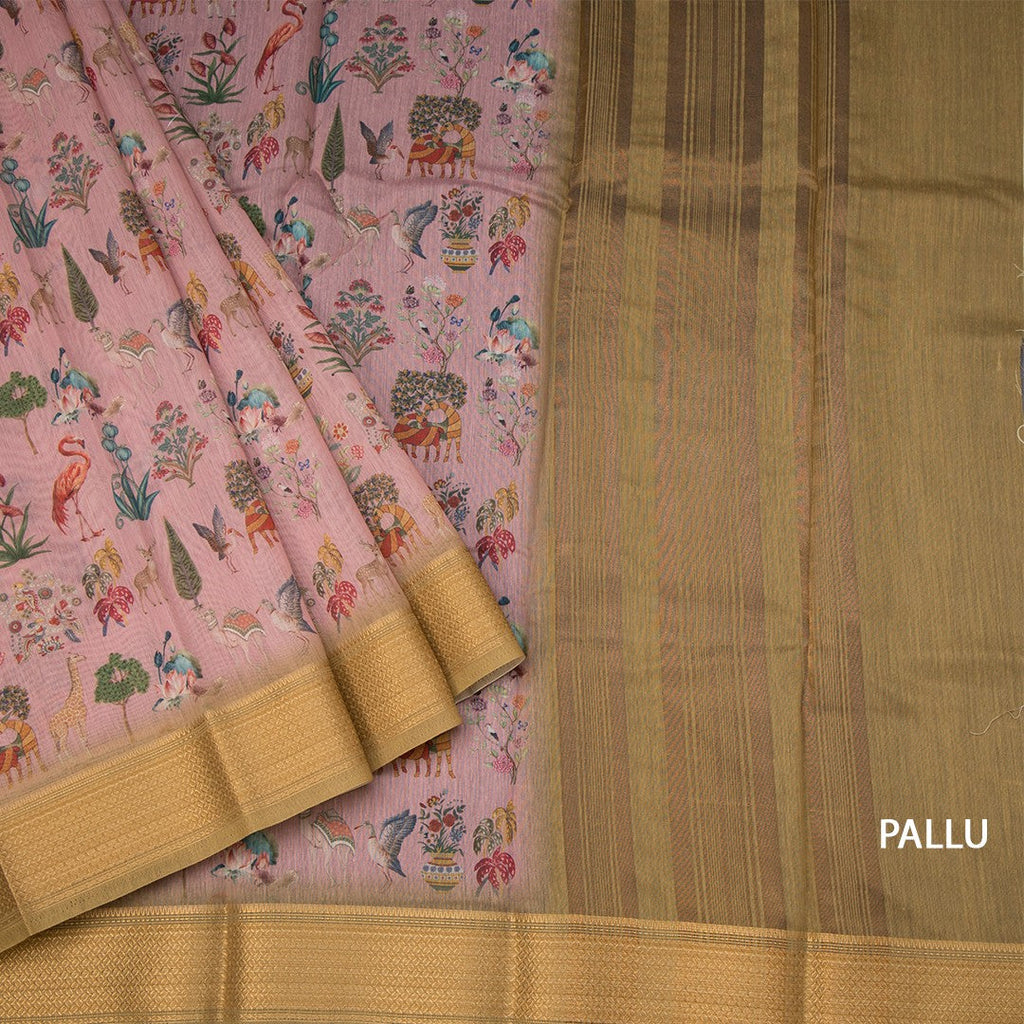 Semi Linen Light Pink Printed Saree With Zari Border