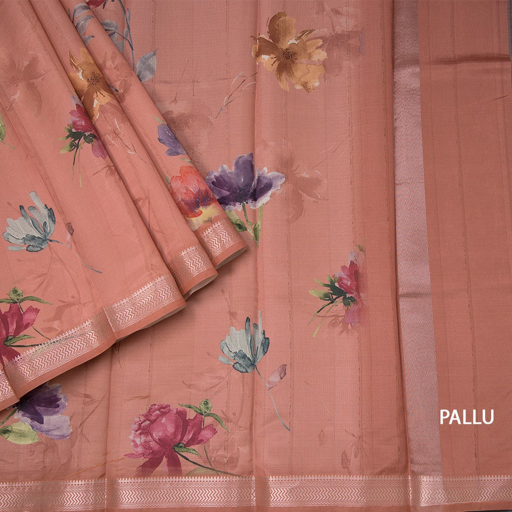 Semi Raw Silk Light Brick Red Floral Printed Saree With Zari Border