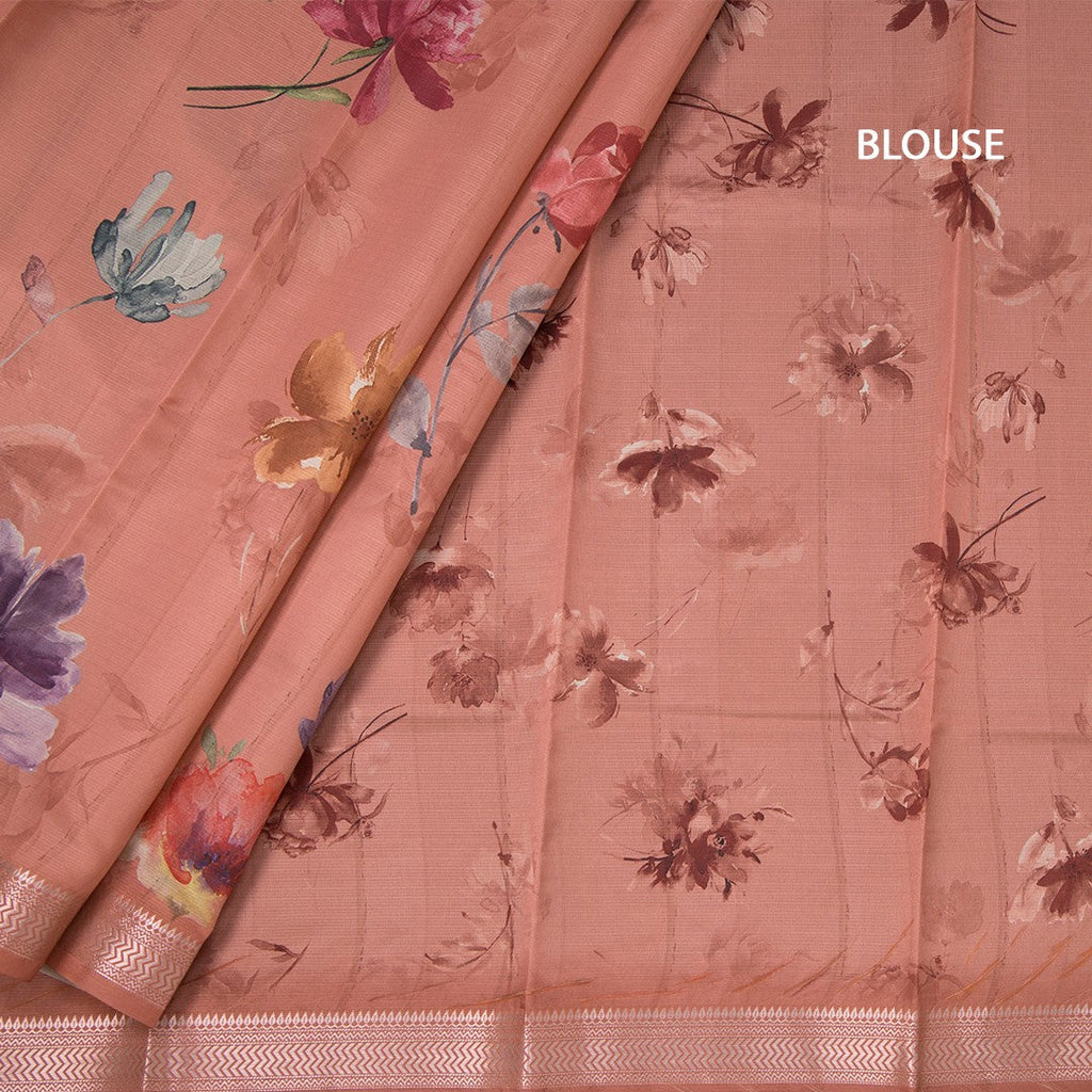 Semi Raw Silk Light Brick Red Floral Printed Saree With Zari Border