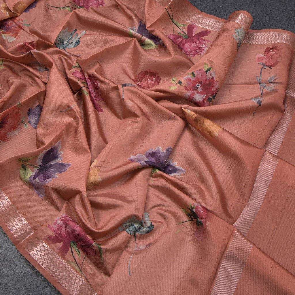 Semi Raw Silk Light Brick Red Floral Printed Saree With Zari Border
