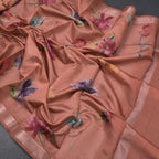 Semi Raw Silk Light Brick Red Floral Printed Saree With Zari Border