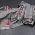 Semi Raw Silk Grey Floral Printed Saree With Zari Border