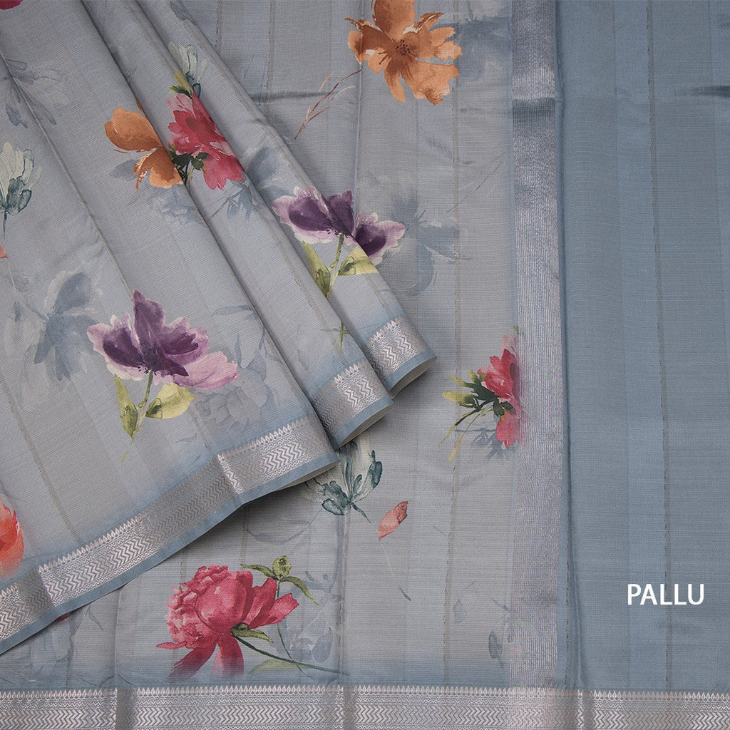 Semi Raw Silk Grey Floral Printed Saree With Zari Border