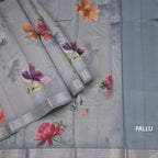 Semi Raw Silk Grey Floral Printed Saree With Zari Border