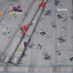 Semi Raw Silk Grey Floral Printed Saree With Zari Border