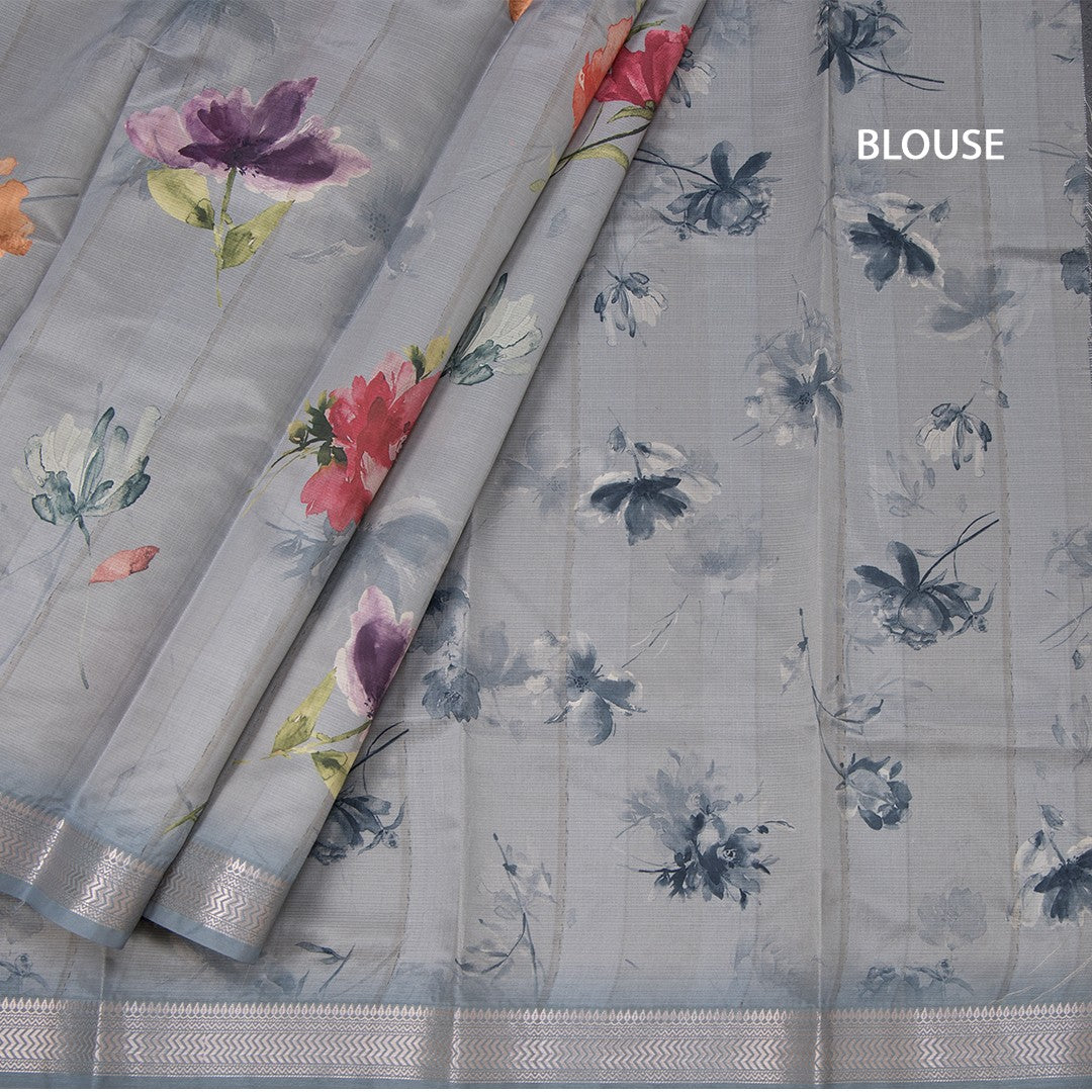 Semi Raw Silk Grey Floral Printed Saree With Zari Border