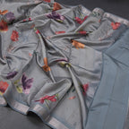 Semi Raw Silk Grey Floral Printed Saree With Zari Border