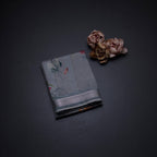 Semi Raw Silk Grey Floral Printed Saree With Zari Border
