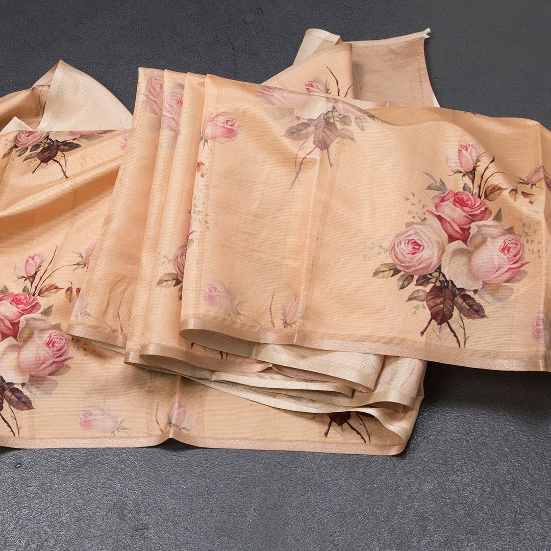 Semi Raw Silk Pastel Orange Floral Printed Borderless Saree