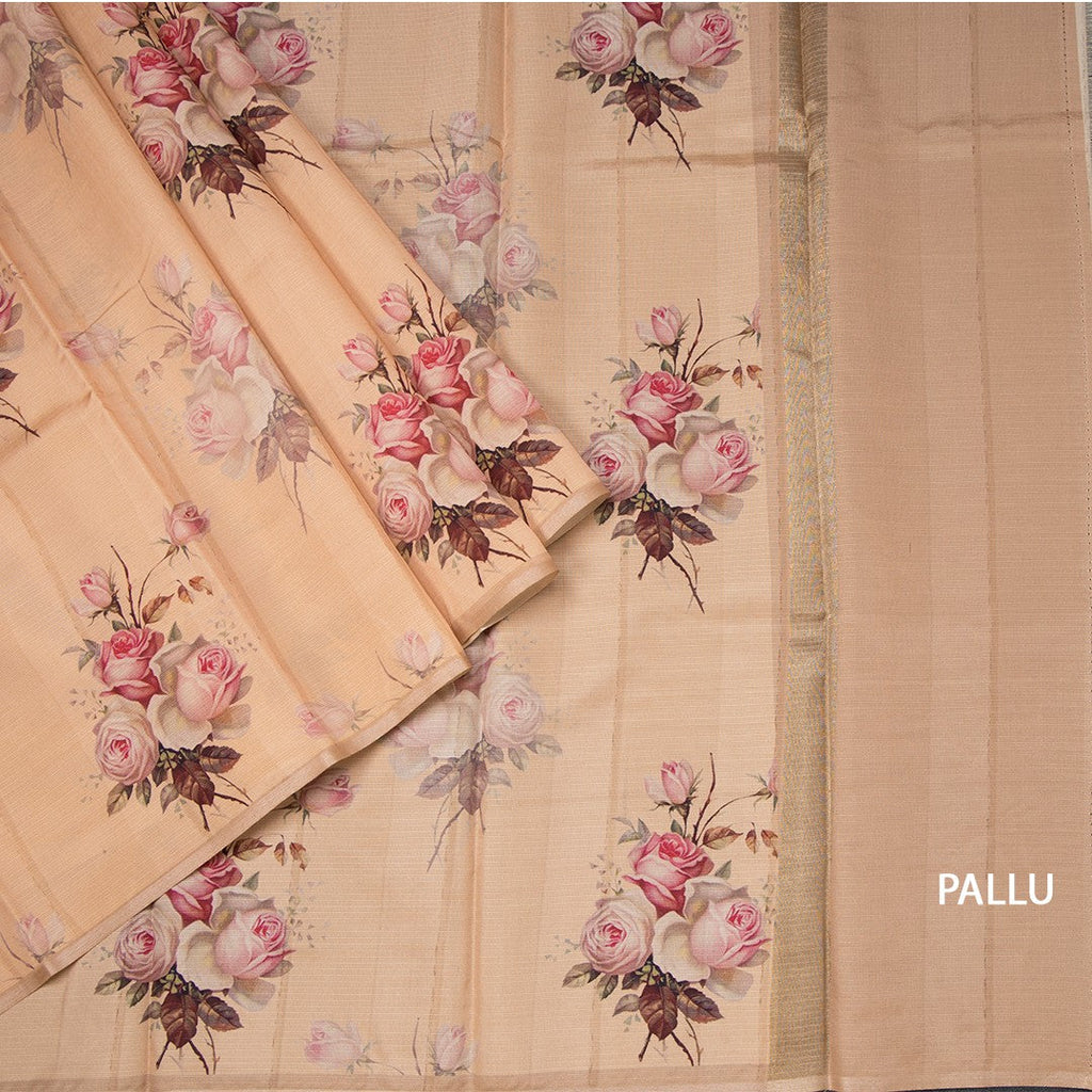 Semi Raw Silk Pastel Orange Floral Printed Borderless Saree