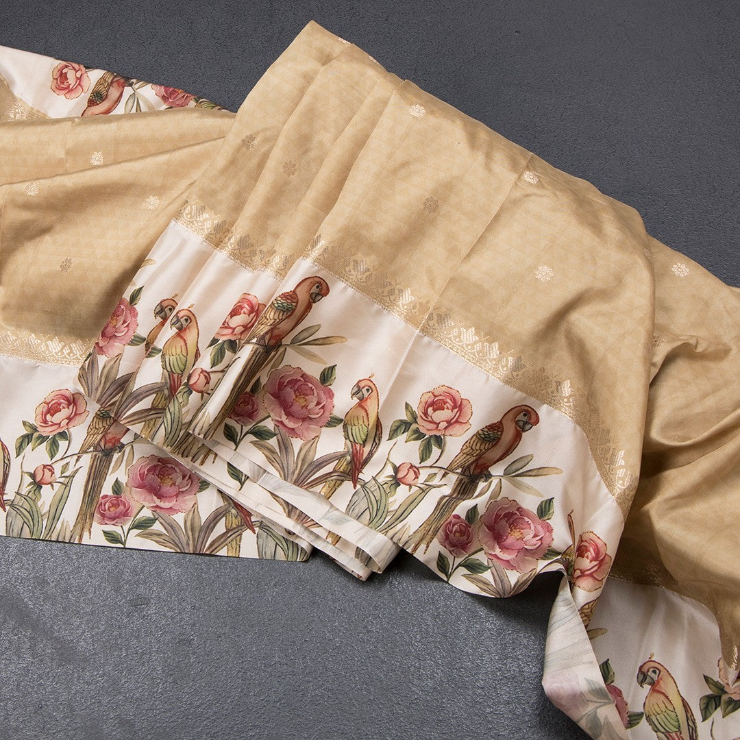Semi Raw Silk Golden Brown Saree With Zari Buttas And Printed Border
