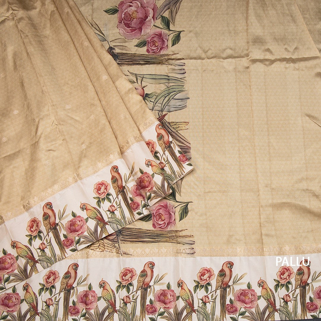 Semi Raw Silk Golden Brown Saree With Zari Buttas And Printed Border